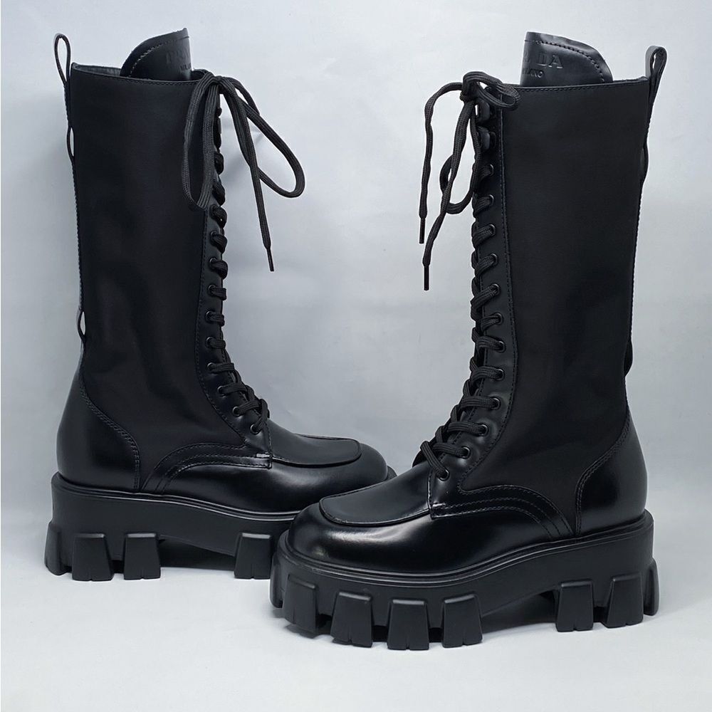 Prada Lug-Sole Tall Leather Combat Boots size 35